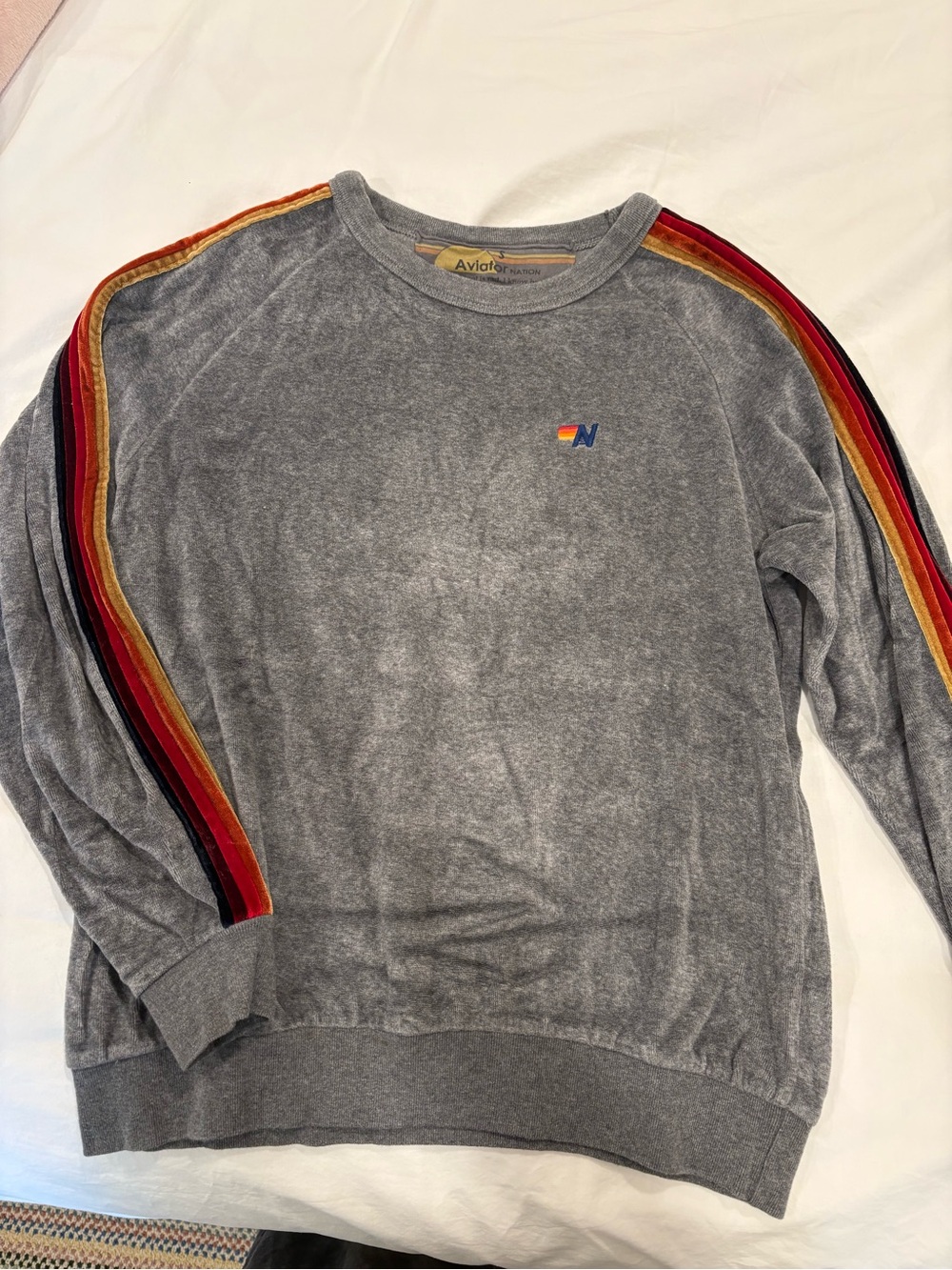 Aviator Nation Gray Crewneck with Shoulder Stripes- size SMALL